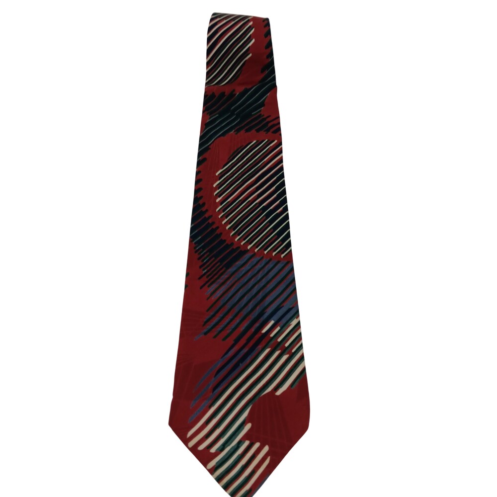 Zylos George Machado Tie Mens Red Black Blue Abstract Striped 100% Silk Necktie